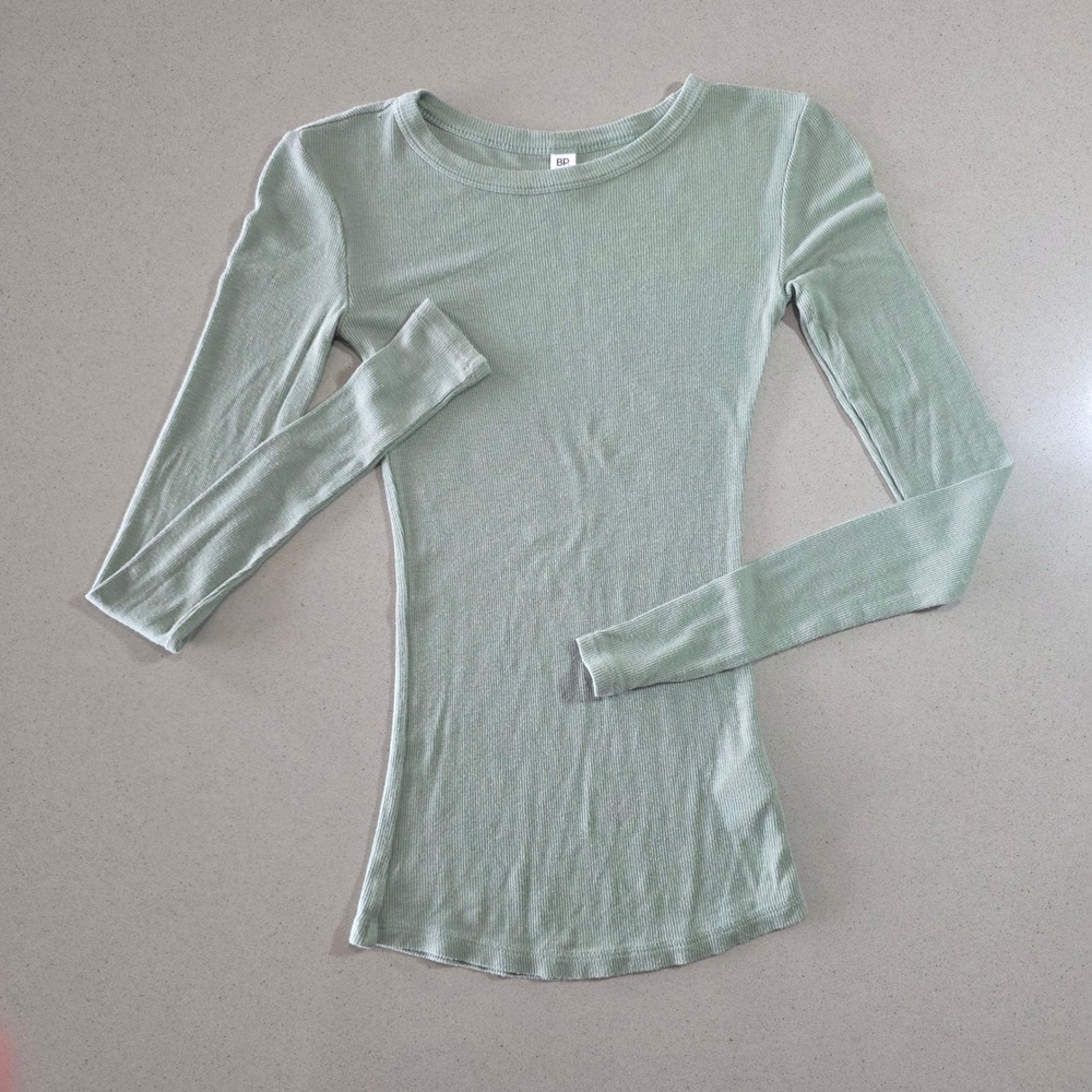 BP Sage Green Ribbed Long Sleeve Crew Neck Top XXS